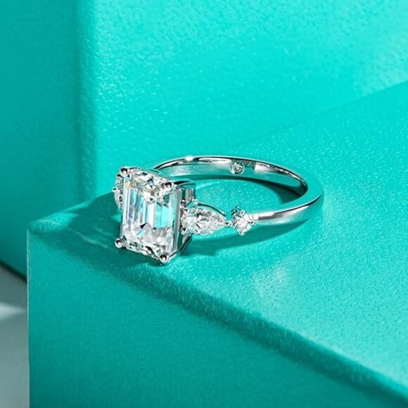 3.668cttw Emerald Cut Moissanite Ring D Color VVS1 925 Silver Side Stone - Picture 4 of 6